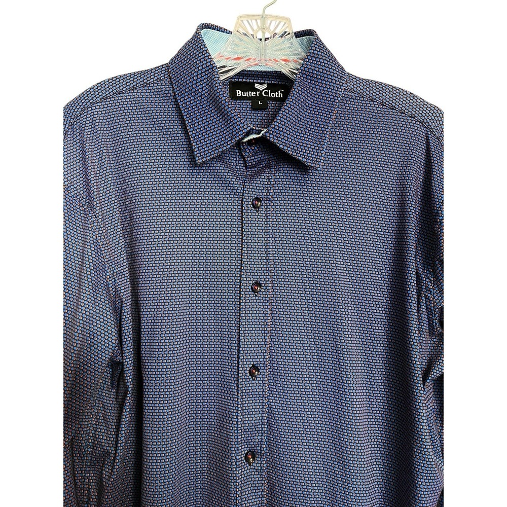 Butter Cloth Sz L Shirt Blue Geometric Circle Pattern Button Up Flip Cuff - Picture 3 of 10